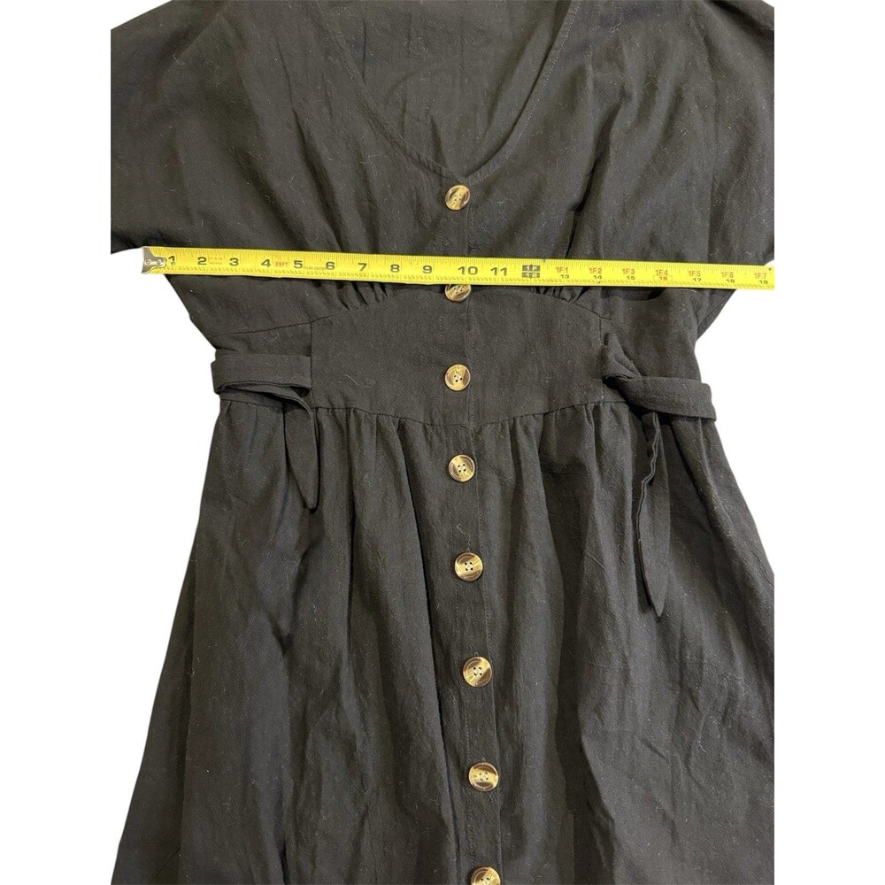 Womens Black Button Front Dress V Neck Tie Waist Short Sleeve Mini Large Classic - Picture 4 of 6